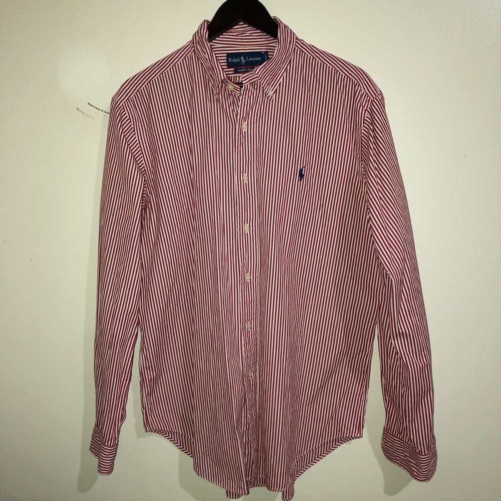 Ralph Lauren Men's Red Striped Buttoned-Down Shirt Size 16.5